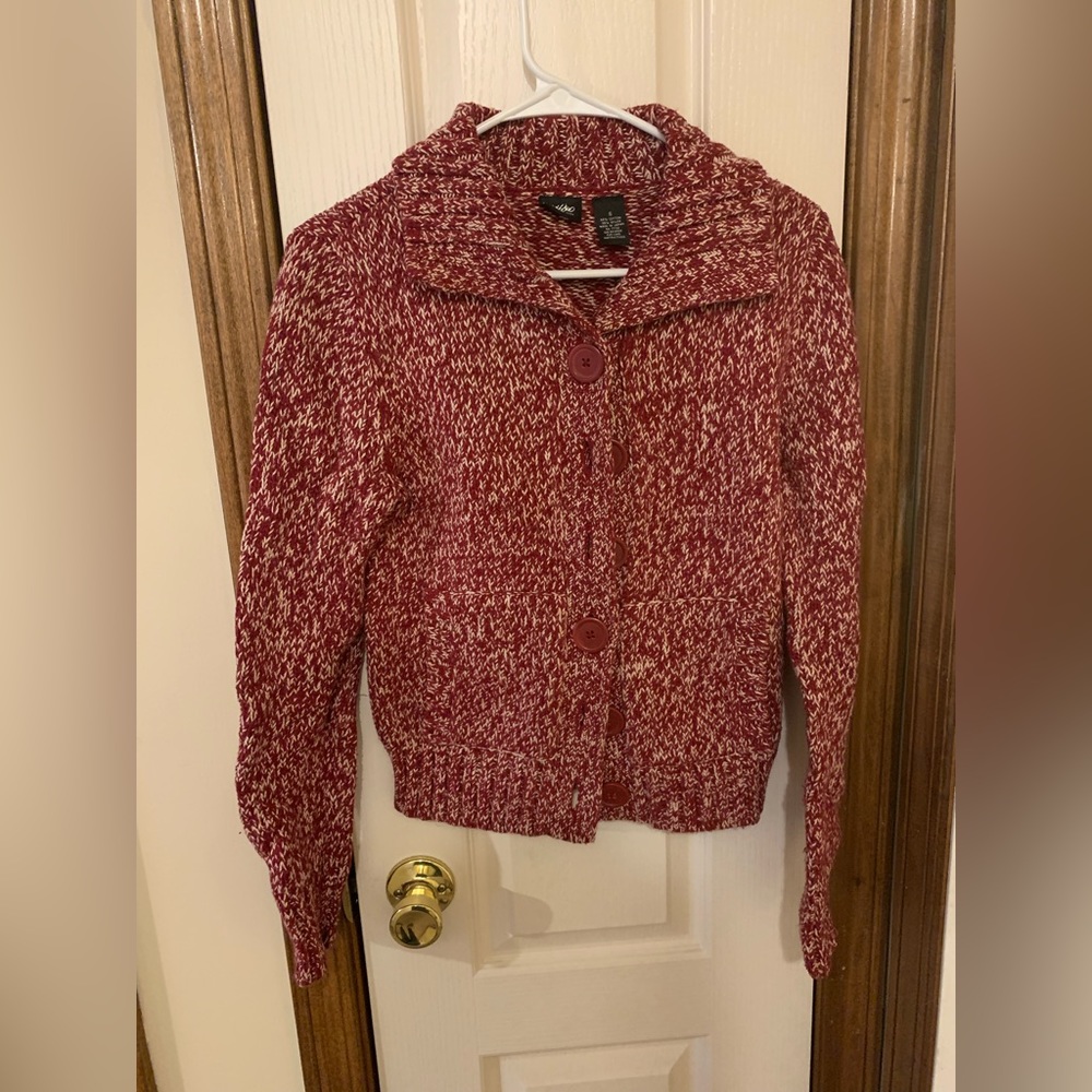 Dark red knit button down cardigan, size small